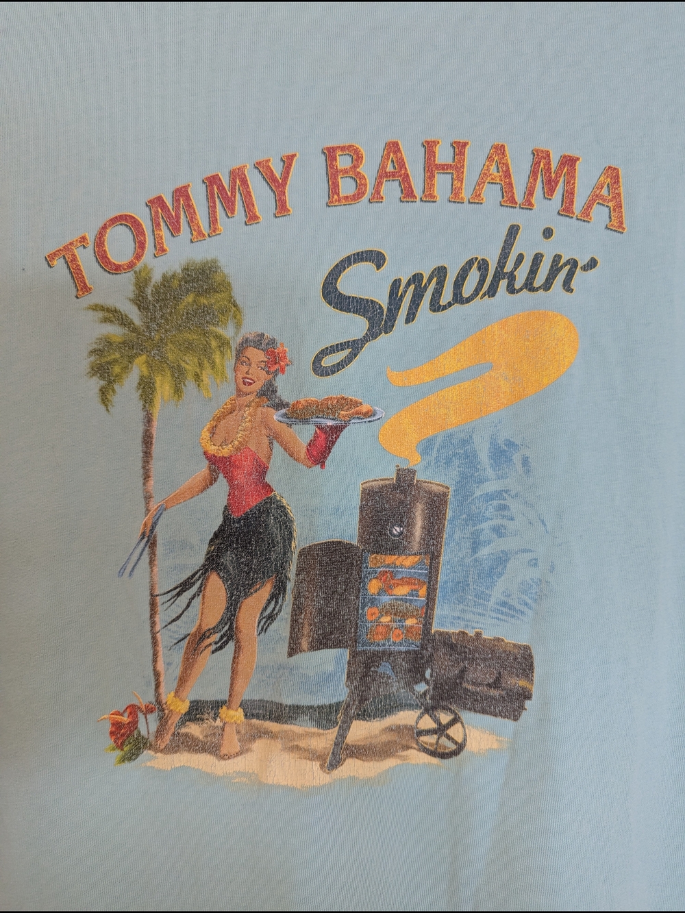 Tommy Bahama "Smokin'" Hawaiian Hula Girl Baby Blue Graphic Tee Shirt Pinup L/XL